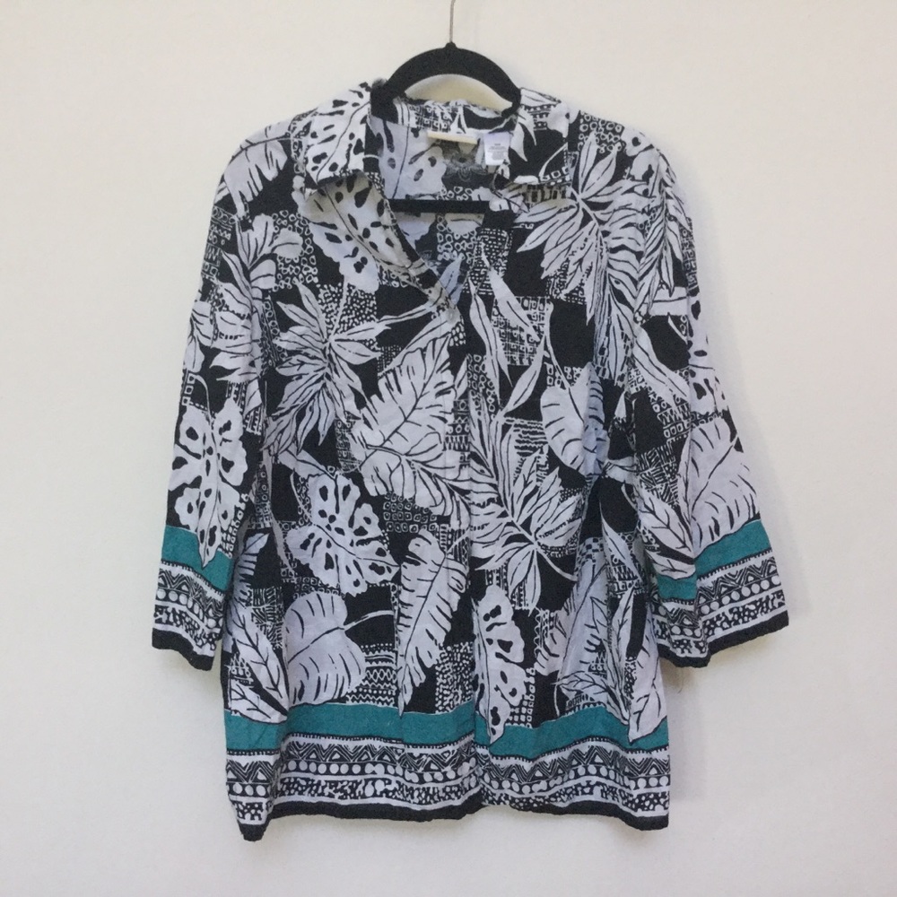 Alfred Dunner Black, White, Teal Tropical Leaf Button Down Blouse Size 16W